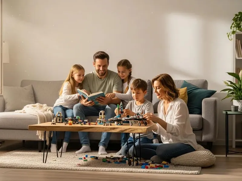 A family of six reading and playing together on the sofa in a bright, airy living room