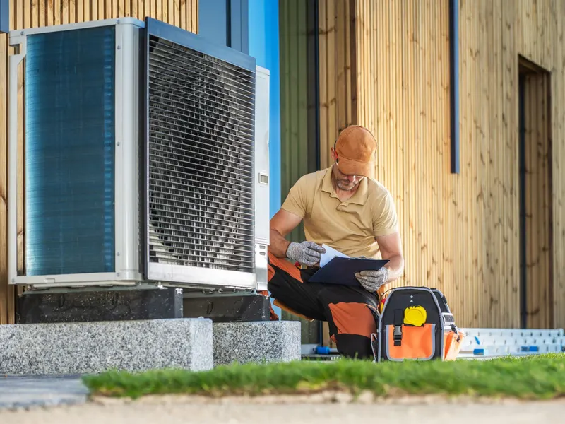 A technician seated beside a large outdoor heat pump, reviewing paperwork with a tool bag open on the grass
