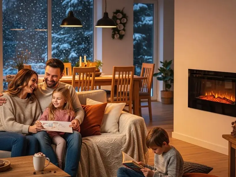 A family relaxing in a warm living room beside a lit fireplace, with snow falling outside the window
