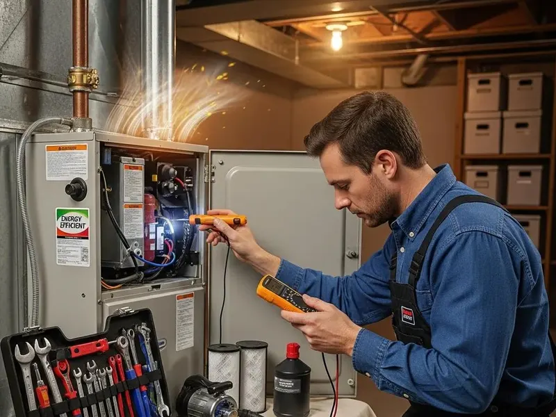 A technician testing a furnace control board with a multimeter in a basement, diagnostic tools laid out in front of him