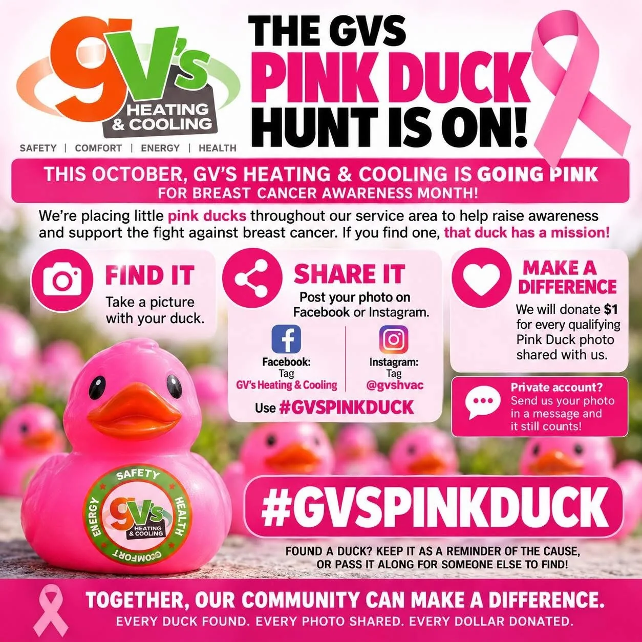 GV's Pink Duck Hunt flyer: find a pink duck, photograph it, share it with #GVSPINKDUCK, and GV's donates $1 for every qualifying photo.