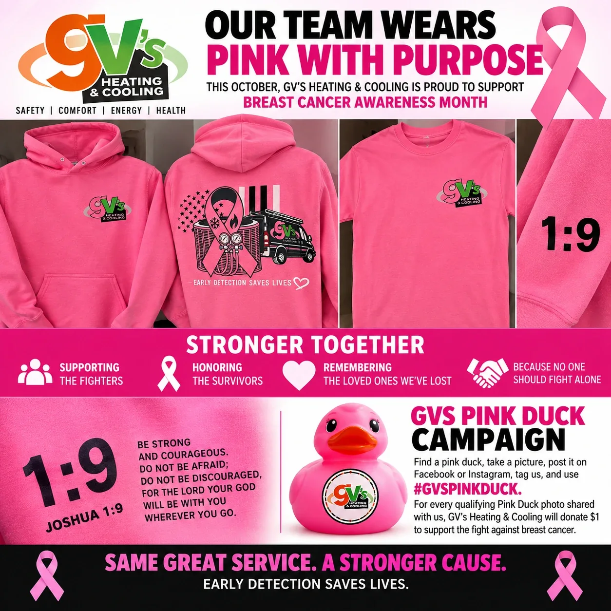 Our Team Wears Pink With Purpose flyer showing the pink hoodies and shirts the team wears through October.