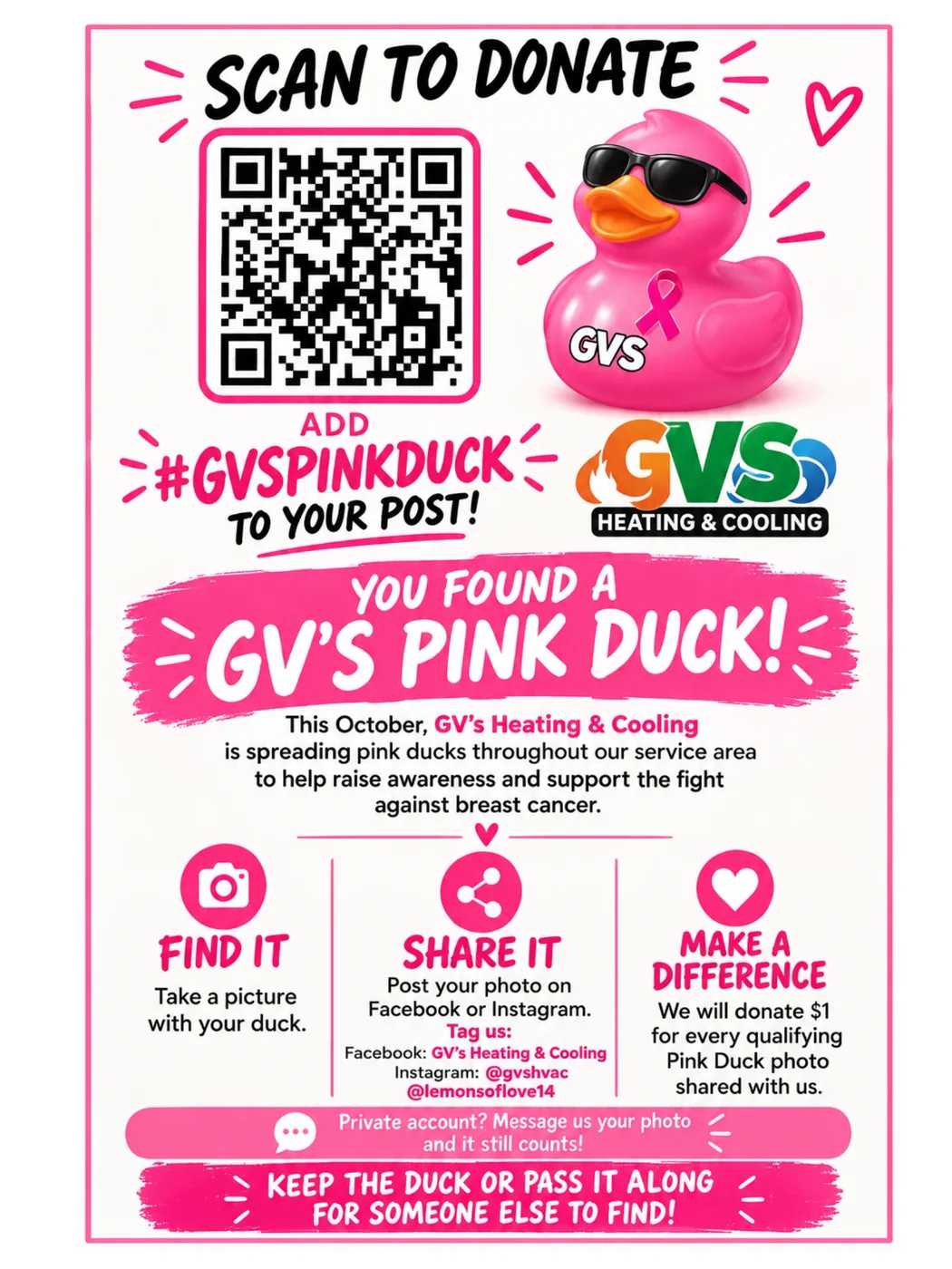 The card given out with each pink duck, with a QR code and the #GVSPINKDUCK hashtag.