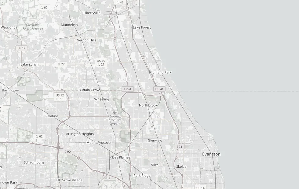 Street map of Chicago's North Shore, from Libertyville and Lake Forest south to Evanston and west to Schaumburg, with Lake Michigan along the eastern edge