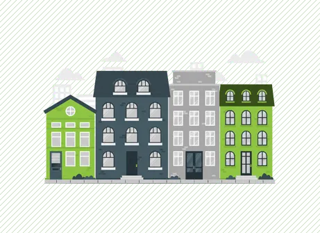 Illustration of a row of small commercial buildings and shopfronts on a street