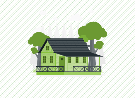 Illustration of a detached family house with trees and a garden fence