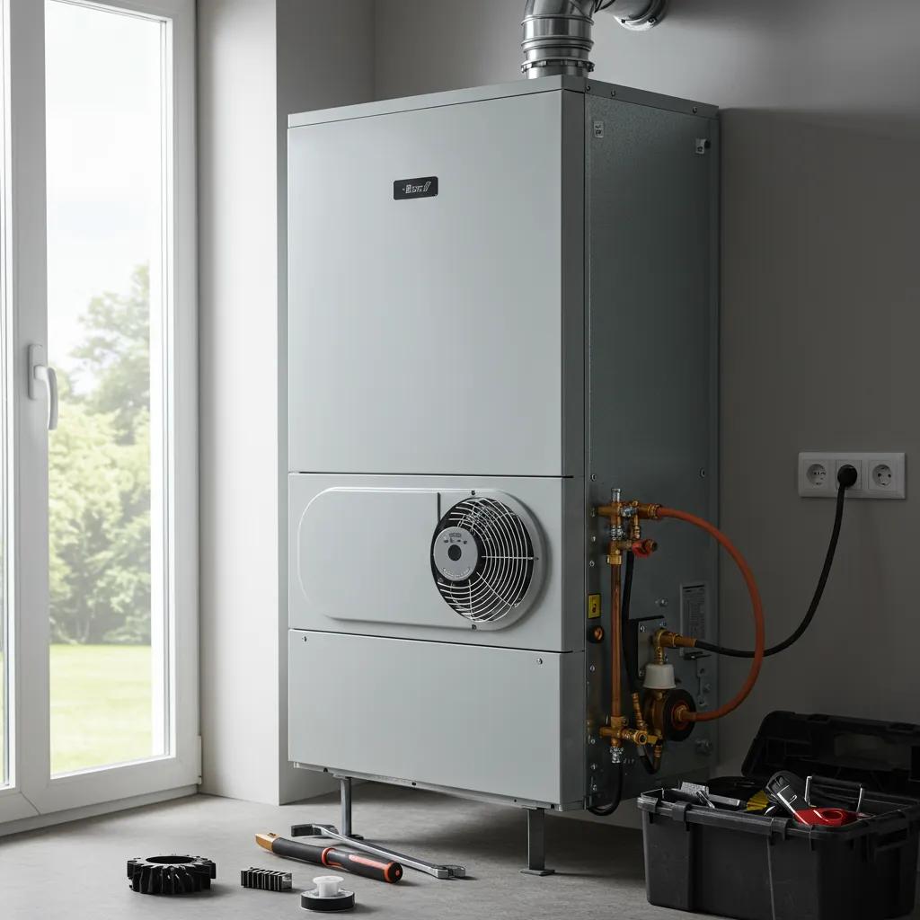 An electric furnace situated in a utility room, showcasing its compact design and efficiency features