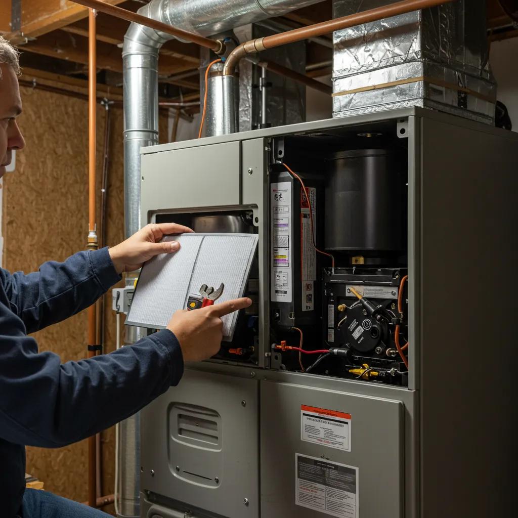 A homeowner performing routine maintenance on a furnace, illustrating simple DIY tips for upkeep