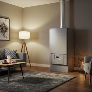 Modern gas furnace in a cozy living room setting, emphasizing heating capabilities and comfort