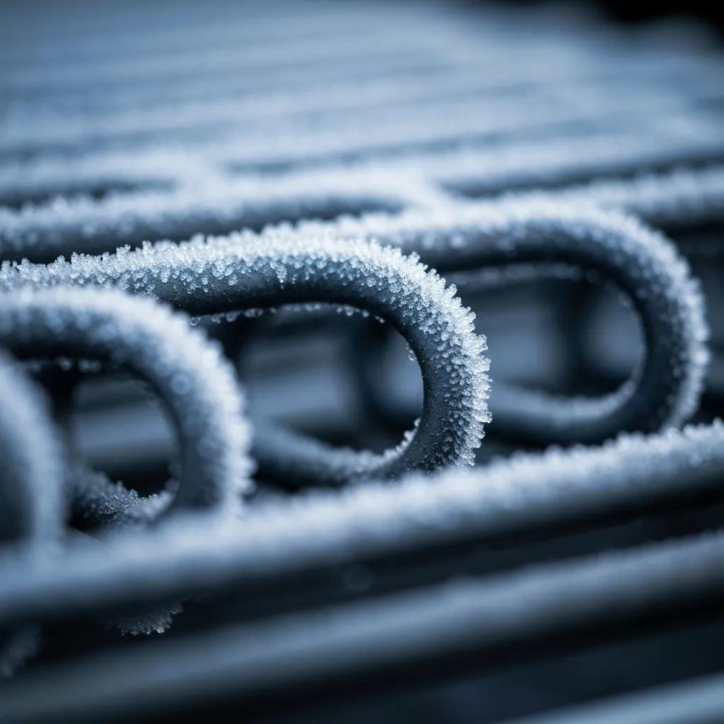 Frozen evaporator coils inside a heat pump, highlighting performance issues due to ice buildup